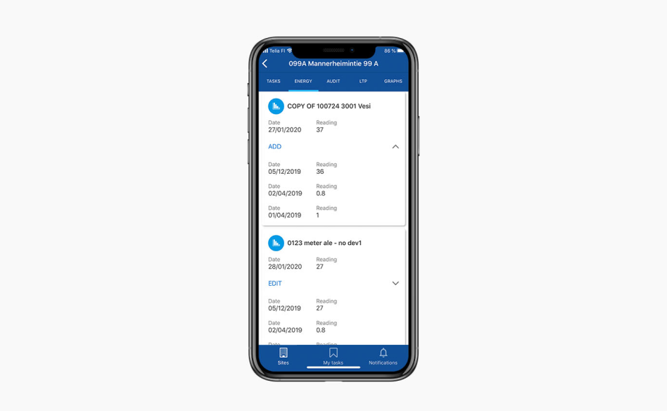 Granlund Manager energy efficiency software in mobile view. 